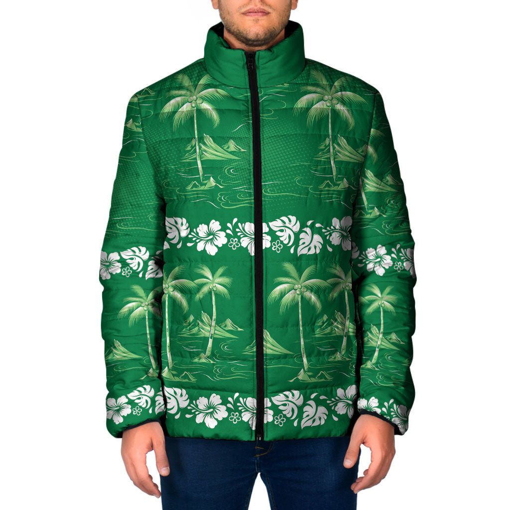 Green Hawaii Palm Tree Hibiscus Padded Jacket Fantasy Summer Vibe LT01 Men Green - Polynesian Pride