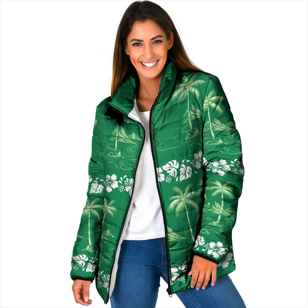 Green Hawaii Palm Tree Hibiscus Padded Jacket Fantasy Summer Vibe LT01 Women Green - Polynesian Pride