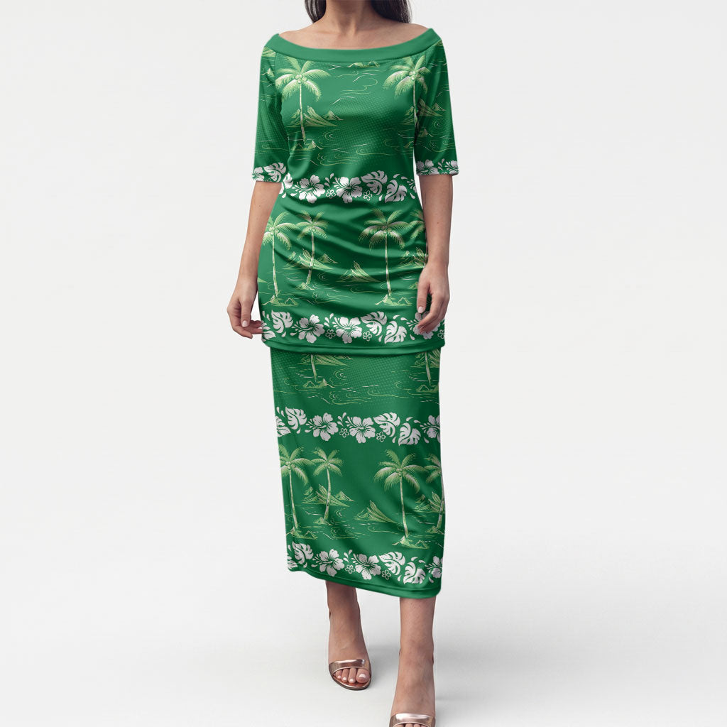 Green Hawaii Palm Tree Hibiscus Puletasi Fantasy Summer Vibe LT01 Long Dress Green - Polynesian Pride