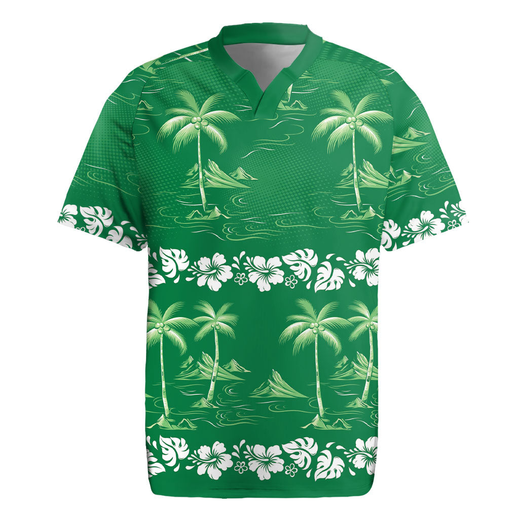 Green Hawaii Palm Tree Hibiscus Rugby Jersey Fantasy Summer Vibe