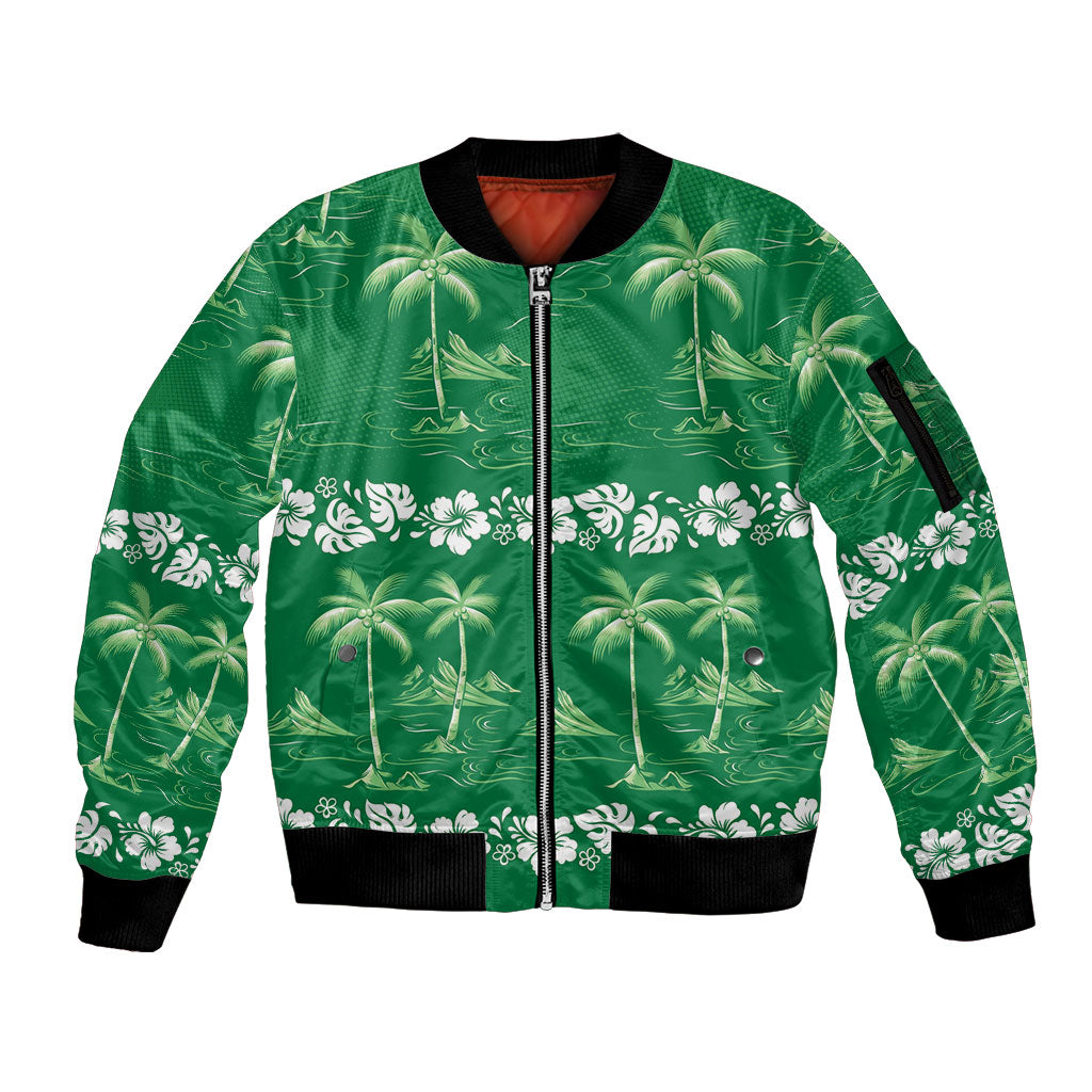 Green Hawaii Palm Tree Hibiscus Sleeve Zip Bomber Jacket Fantasy Summer Vibe LT01 Unisex Green - Polynesian Pride