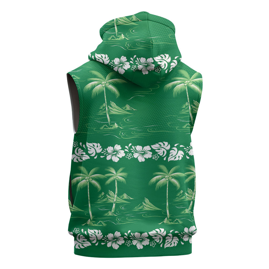 Green Hawaii Palm Tree Hibiscus Sleeveless Hoodie Fantasy Summer Vibe LT01 - Polynesian Pride