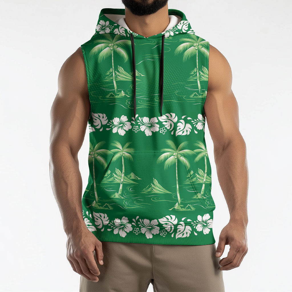 Green Hawaii Palm Tree Hibiscus Sleeveless Hoodie Fantasy Summer Vibe LT01 - Polynesian Pride