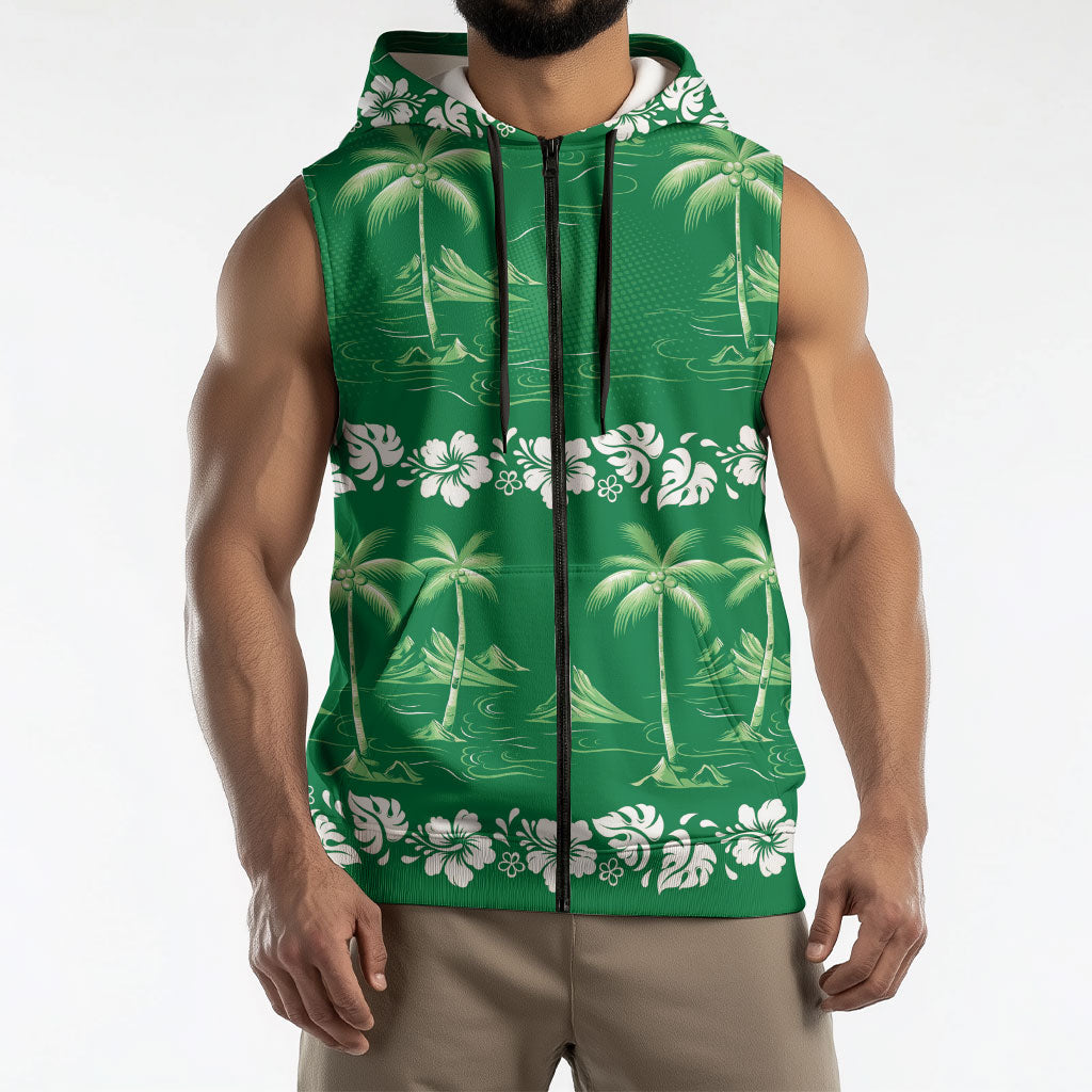 Green Hawaii Palm Tree Hibiscus Sleeveless Zip Hoodie Fantasy Summer Vibe LT01 - Polynesian Pride