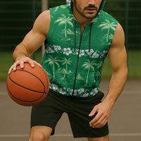 Green Hawaii Palm Tree Hibiscus Sleeveless Zip Hoodie Fantasy Summer Vibe LT01 - Polynesian Pride