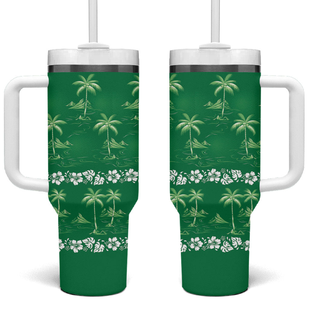 Green Hawaii Palm Tree Hibiscus Tumbler With Handle Fantasy Summer Vibe LT01 One Size: 40 oz Green - Polynesian Pride