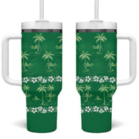 Green Hawaii Palm Tree Hibiscus Tumbler With Handle Fantasy Summer Vibe LT01 One Size: 40 oz Green - Polynesian Pride