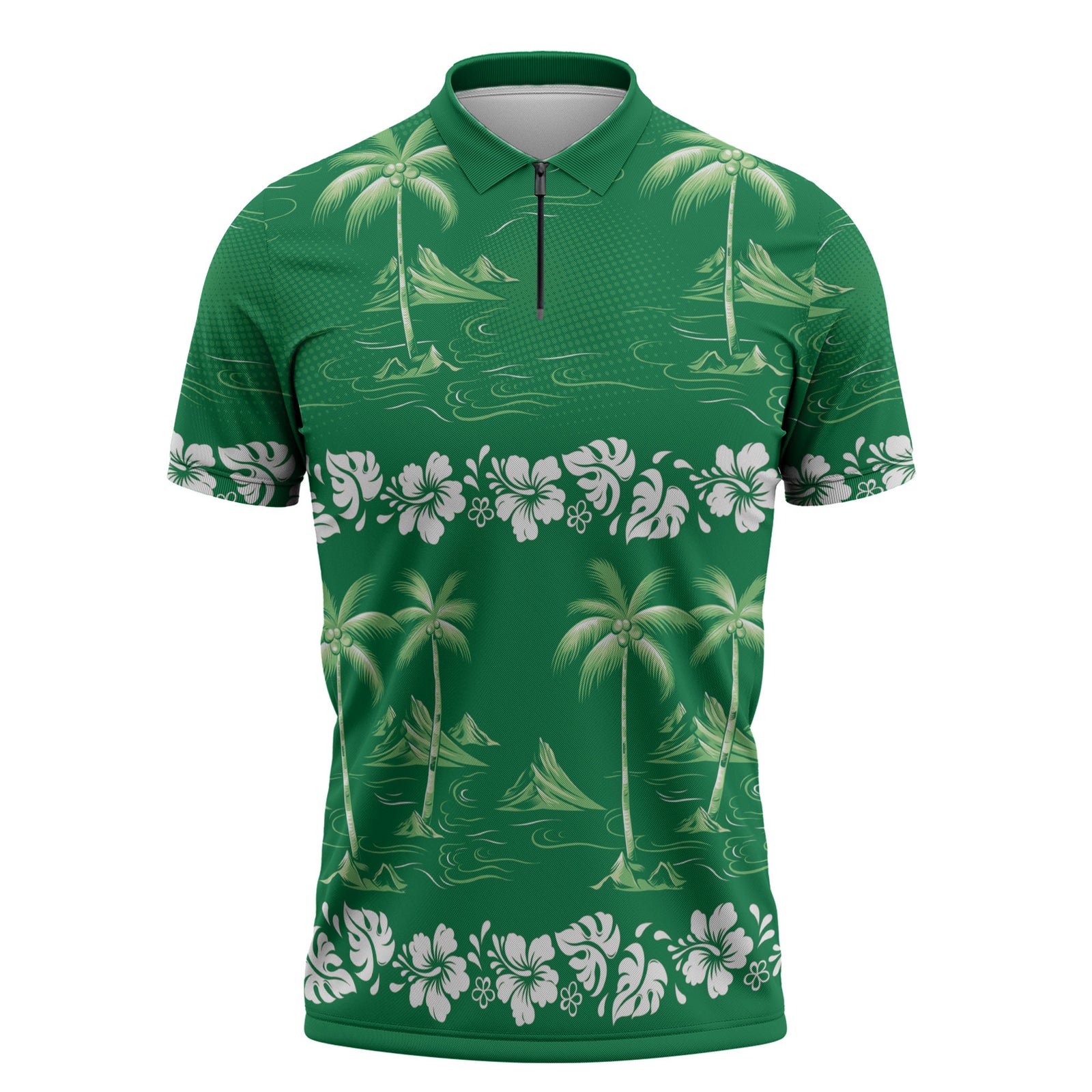 Green Hawaii Palm Tree Hibiscus Zipper Polo Shirt Fantasy Summer Vibe LT01 Green - Polynesian Pride