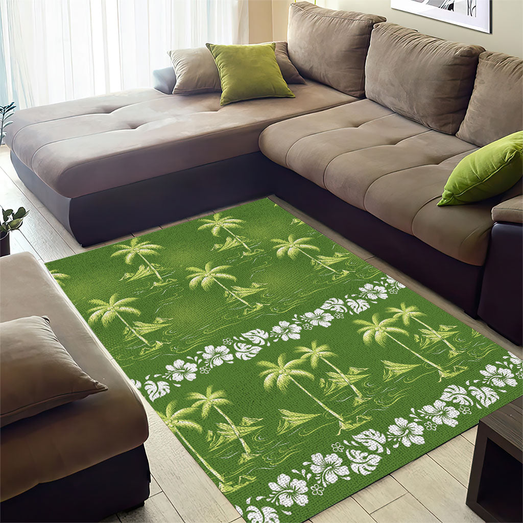 Olive Green Hawaii Palm Tree Hibiscus Area Rug Fantasy Summer Vibe LT01 - Polynesian Pride