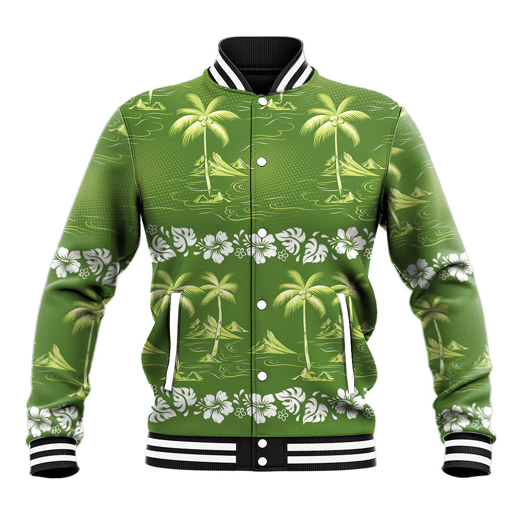Olive Green Hawaii Palm Tree Hibiscus Baseball Jacket Fantasy Summer Vibe LT01 Unisex Olive - Polynesian Pride