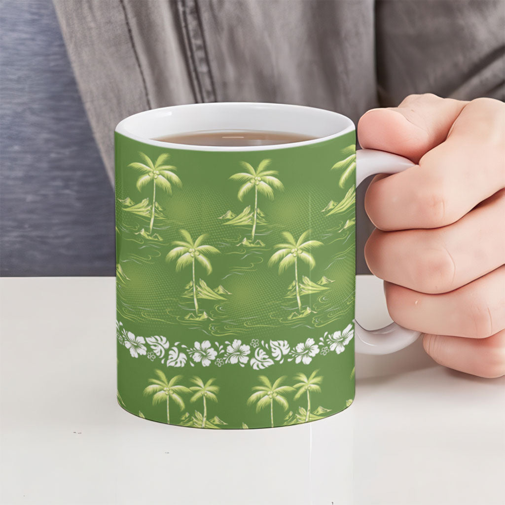 Olive Green Hawaii Palm Tree Hibiscus Ceramic Mug Fantasy Summer Vibe LT01 - Polynesian Pride