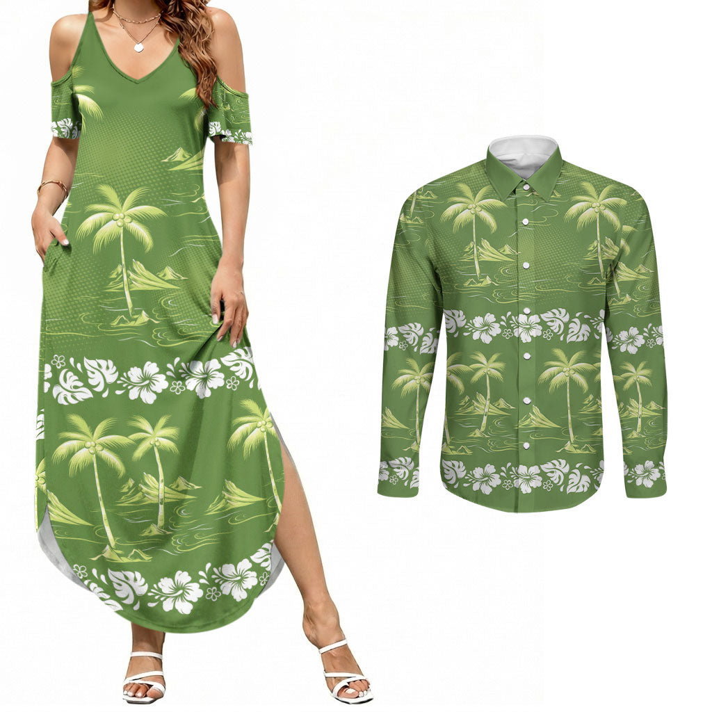 Olive Green Hawaii Palm Tree Hibiscus Couples Matching Summer Maxi Dress and Long Sleeve Button Shirt Fantasy Summer Vibe LT01 Olive - Polynesian Pride