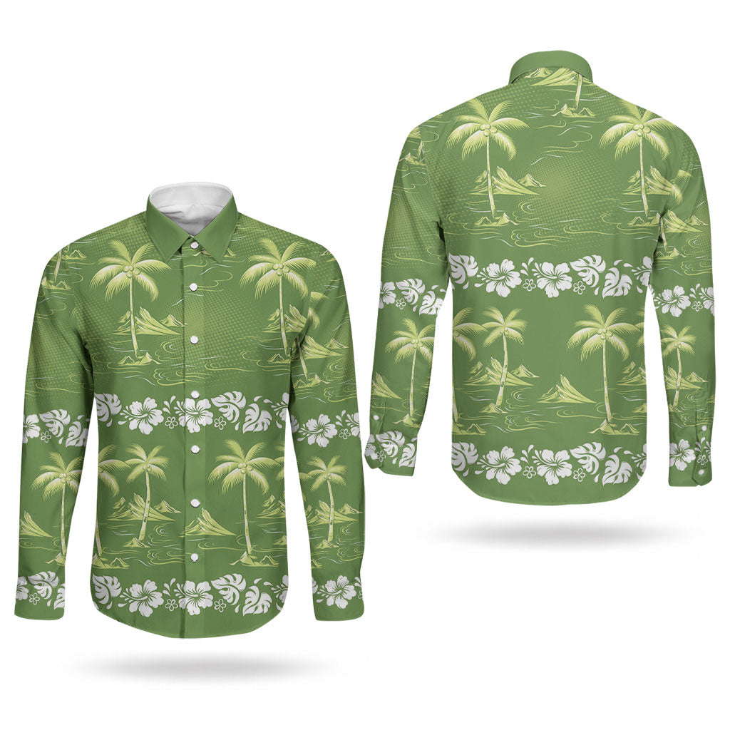 Olive Green Hawaii Palm Tree Hibiscus Couples Matching Summer Maxi Dress and Long Sleeve Button Shirt Fantasy Summer Vibe LT01 - Polynesian Pride