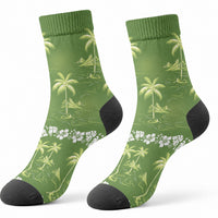 Olive Green Hawaii Palm Tree Hibiscus Crew Socks Fantasy Summer Vibe LT01 - Polynesian Pride