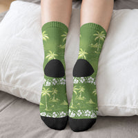 Olive Green Hawaii Palm Tree Hibiscus Crew Socks Fantasy Summer Vibe LT01 - Polynesian Pride