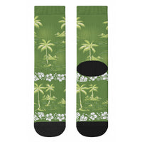 Olive Green Hawaii Palm Tree Hibiscus Crew Socks Fantasy Summer Vibe LT01 - Polynesian Pride
