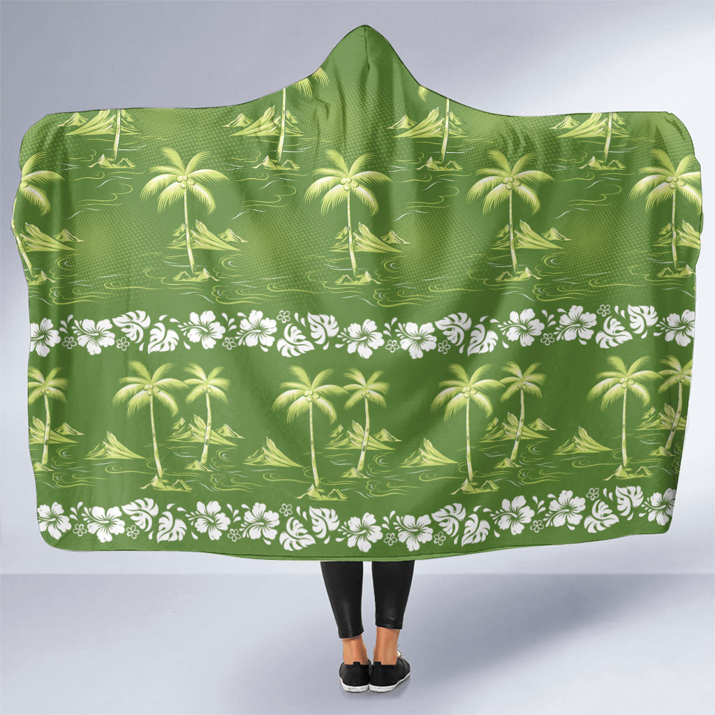 Olive Green Hawaii Palm Tree Hibiscus Hooded Blanket Fantasy Summer Vibe