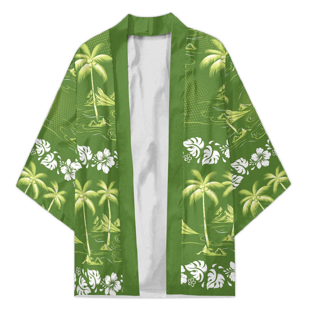 Olive Green Hawaii Palm Tree Hibiscus Kimono Fantasy Summer Vibe LT01 Unisex Olive - Polynesian Pride