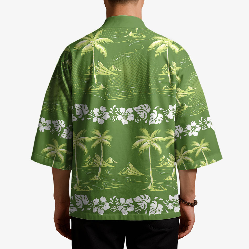 Olive Green Hawaii Palm Tree Hibiscus Kimono Fantasy Summer Vibe LT01 - Polynesian Pride