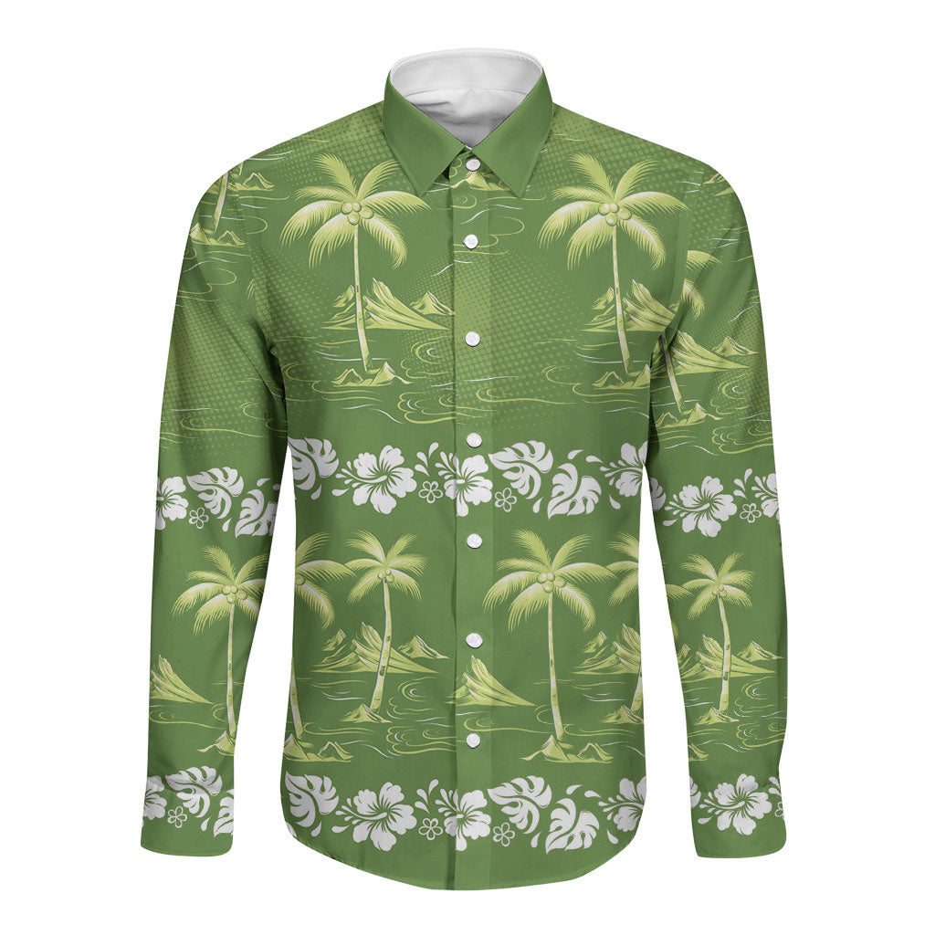Olive Green Hawaii Palm Tree Hibiscus Long Sleeve Button Shirt Fantasy Summer Vibe LT01 Unisex Olive - Polynesian Pride