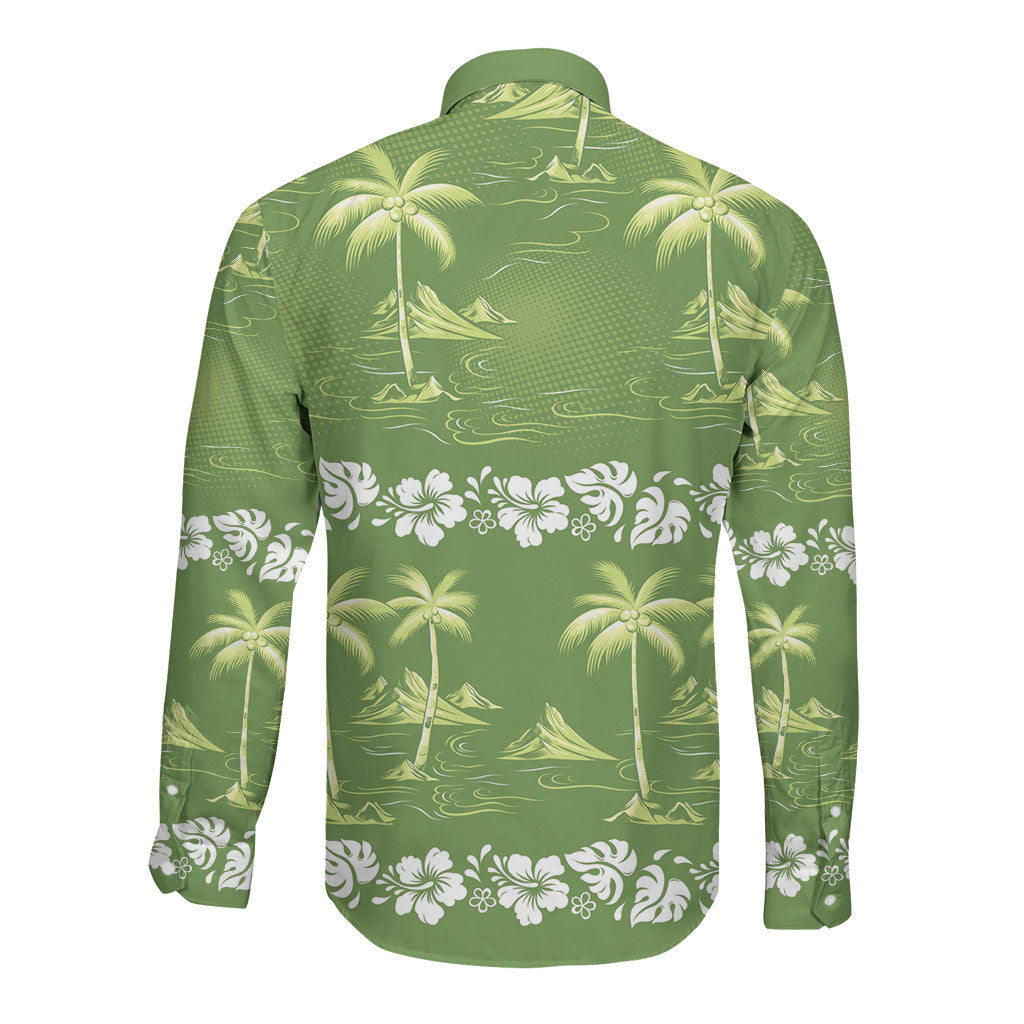 Olive Green Hawaii Palm Tree Hibiscus Long Sleeve Button Shirt Fantasy Summer Vibe LT01 - Polynesian Pride