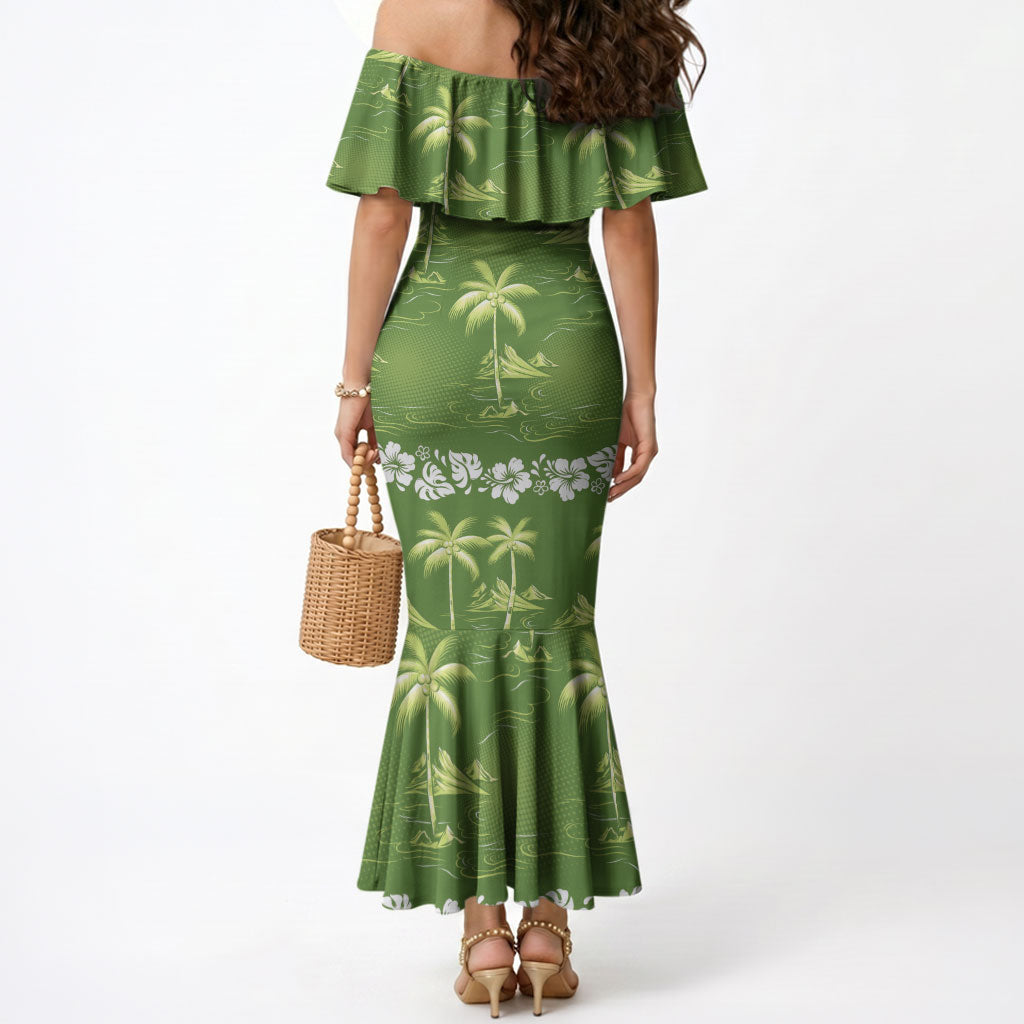 Olive Green Hawaii Palm Tree Hibiscus Mermaid Dress Fantasy Summer Vibe LT01 - Polynesian Pride