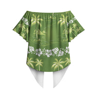 Olive Green Hawaii Palm Tree Hibiscus Off Shoulder Wrap Waist Top Fantasy Summer Vibe LT01 - Polynesian Pride