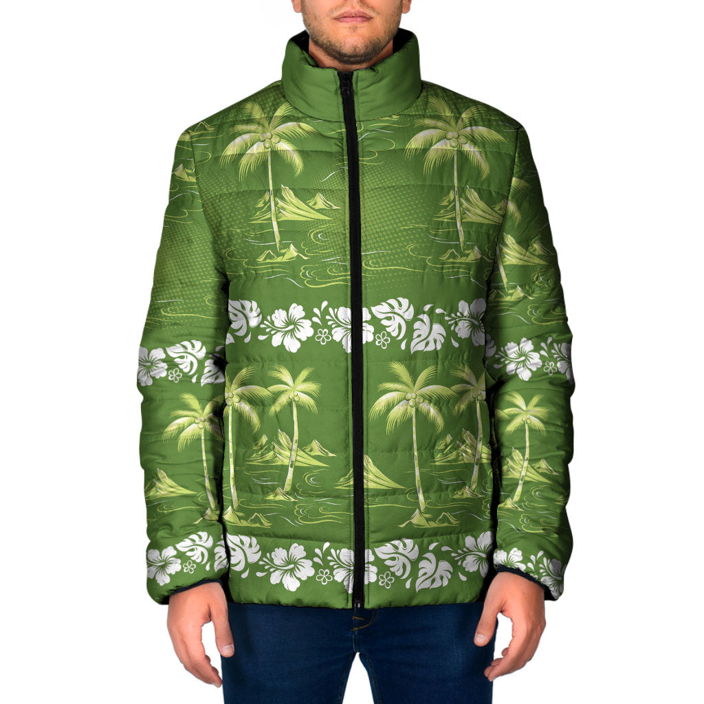 Olive Green Hawaii Palm Tree Hibiscus Padded Jacket Fantasy Summer Vibe LT01 Men Olive - Polynesian Pride