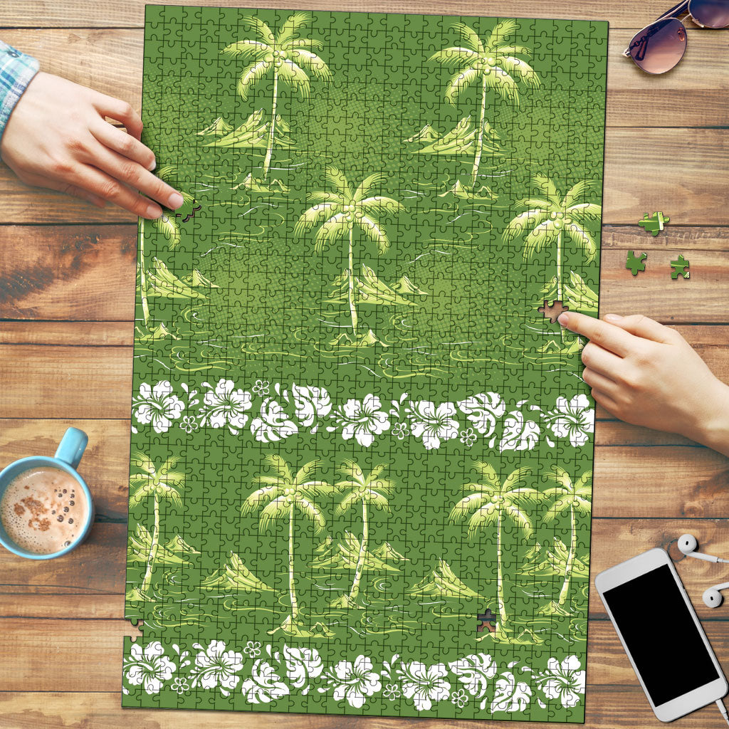 Olive Green Hawaii Palm Tree Hibiscus Puzzle Fantasy Summer Vibe LT01 Olive - Polynesian Pride