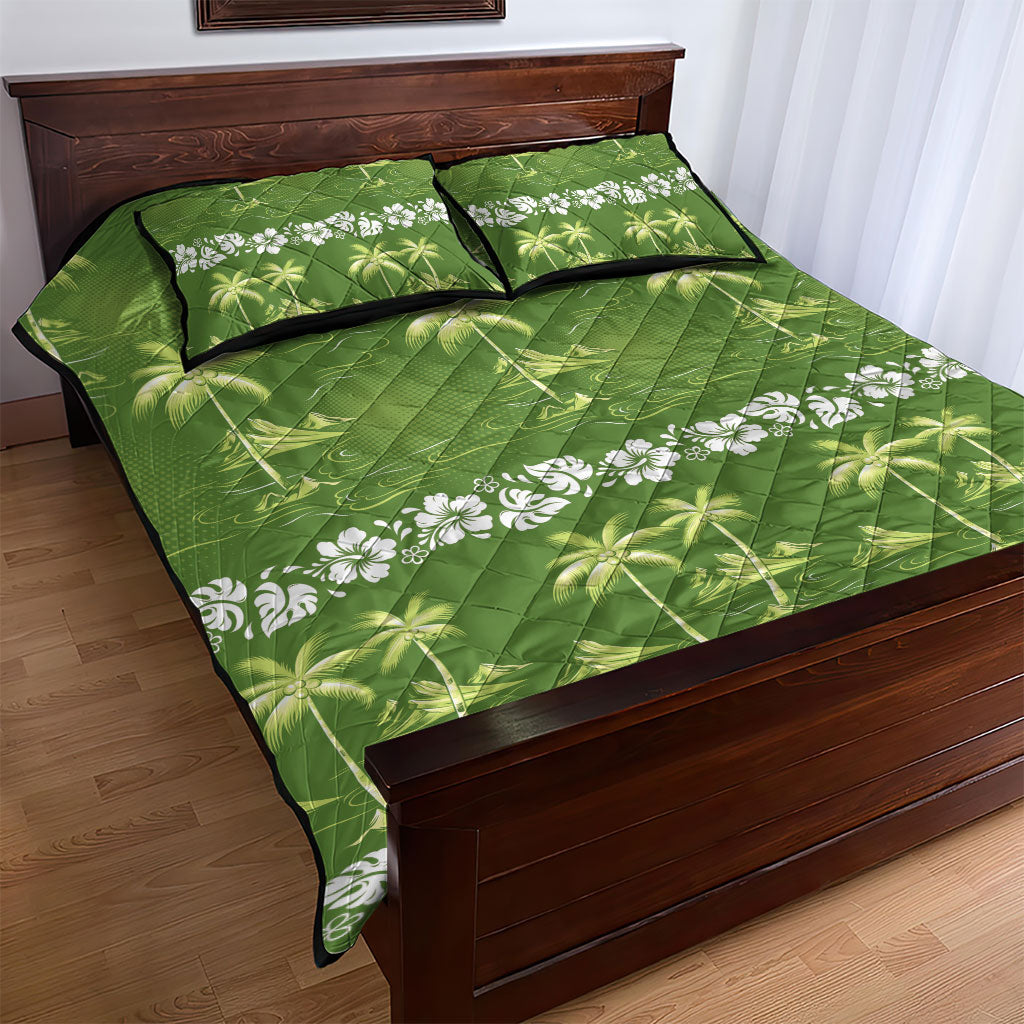 Olive Green Hawaii Palm Tree Hibiscus Quilt Bed Set Fantasy Summer Vibe LT01 - Polynesian Pride