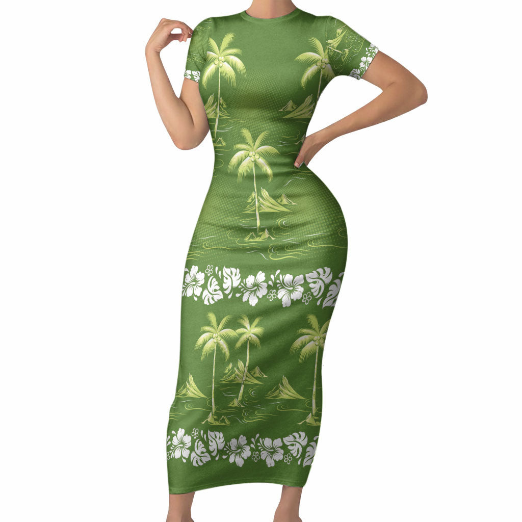 Olive Green Hawaii Palm Tree Hibiscus Short Sleeve Bodycon Dress Fantasy Summer Vibe LT01 Long Dress Olive - Polynesian Pride