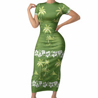 Olive Green Hawaii Palm Tree Hibiscus Short Sleeve Bodycon Dress Fantasy Summer Vibe LT01 Long Dress Olive - Polynesian Pride