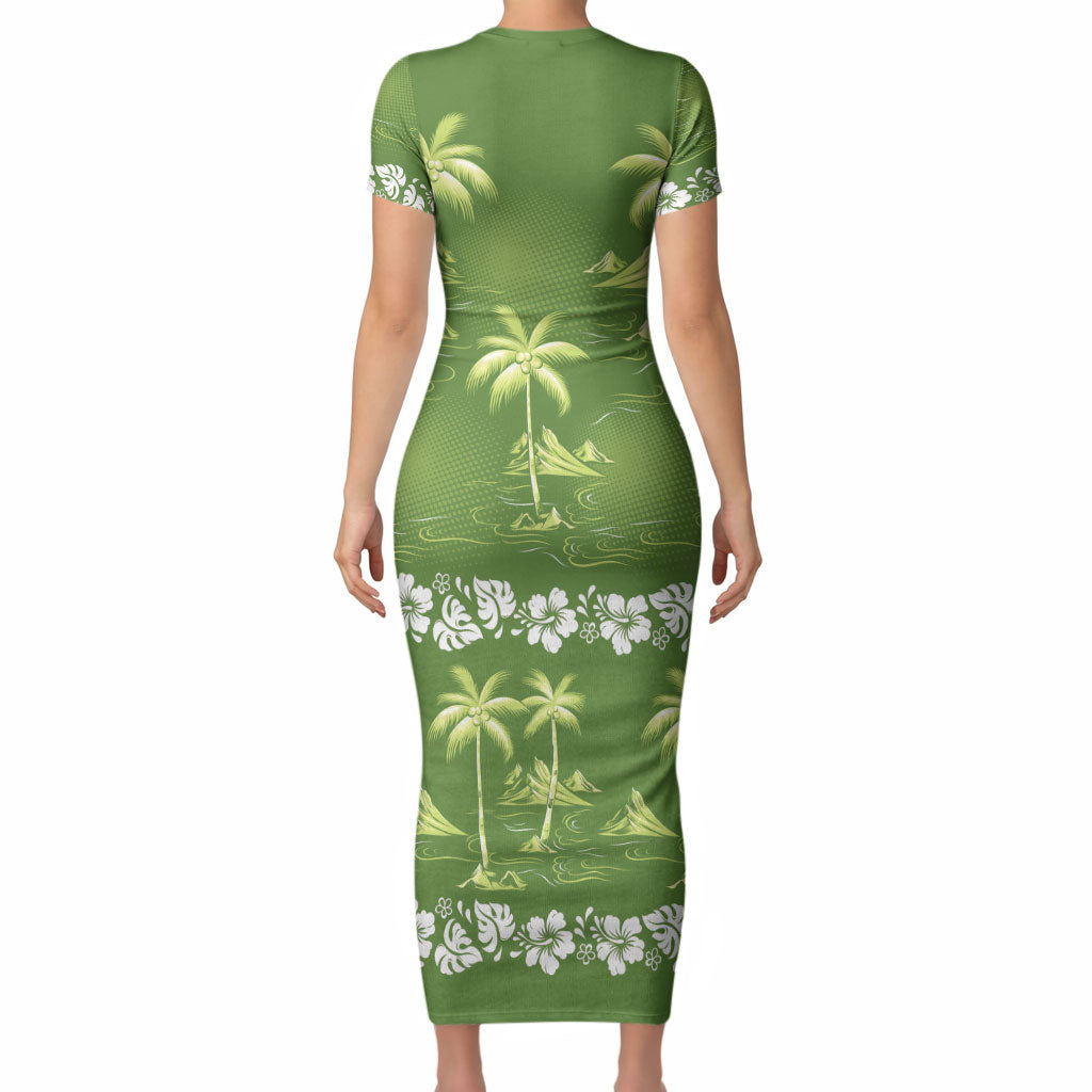 Olive Green Hawaii Palm Tree Hibiscus Short Sleeve Bodycon Dress Fantasy Summer Vibe LT01 - Polynesian Pride