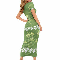 Olive Green Hawaii Palm Tree Hibiscus Short Sleeve Bodycon Dress Fantasy Summer Vibe LT01 - Polynesian Pride