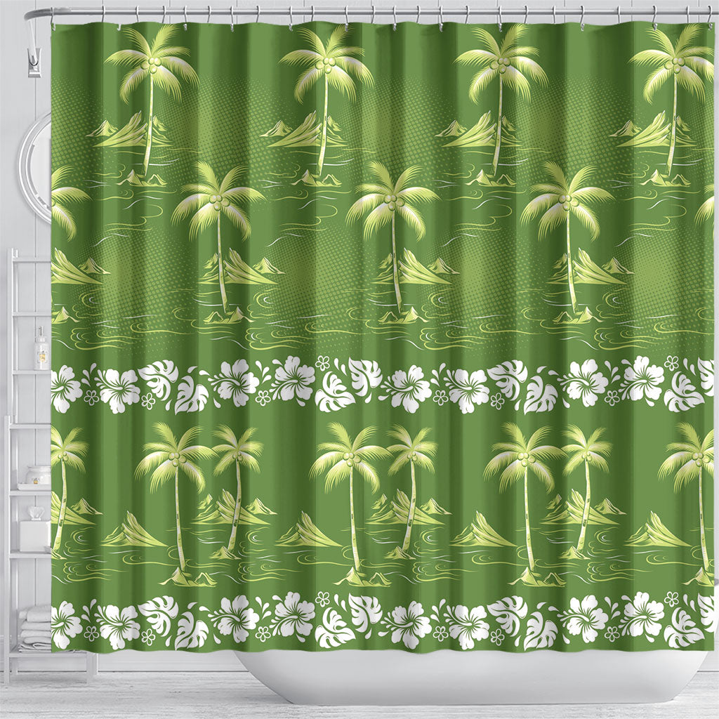 Olive Green Hawaii Palm Tree Hibiscus Shower Curtain Fantasy Summer Vibe LT01 - Polynesian Pride