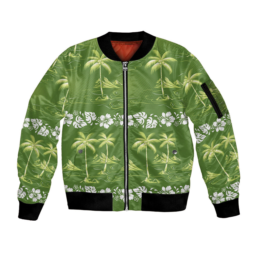 Olive Green Hawaii Palm Tree Hibiscus Sleeve Zip Bomber Jacket Fantasy Summer Vibe LT01 Unisex Olive - Polynesian Pride