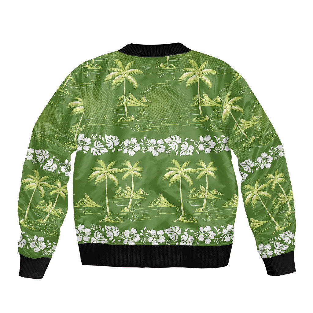 Olive Green Hawaii Palm Tree Hibiscus Sleeve Zip Bomber Jacket Fantasy Summer Vibe LT01 - Polynesian Pride