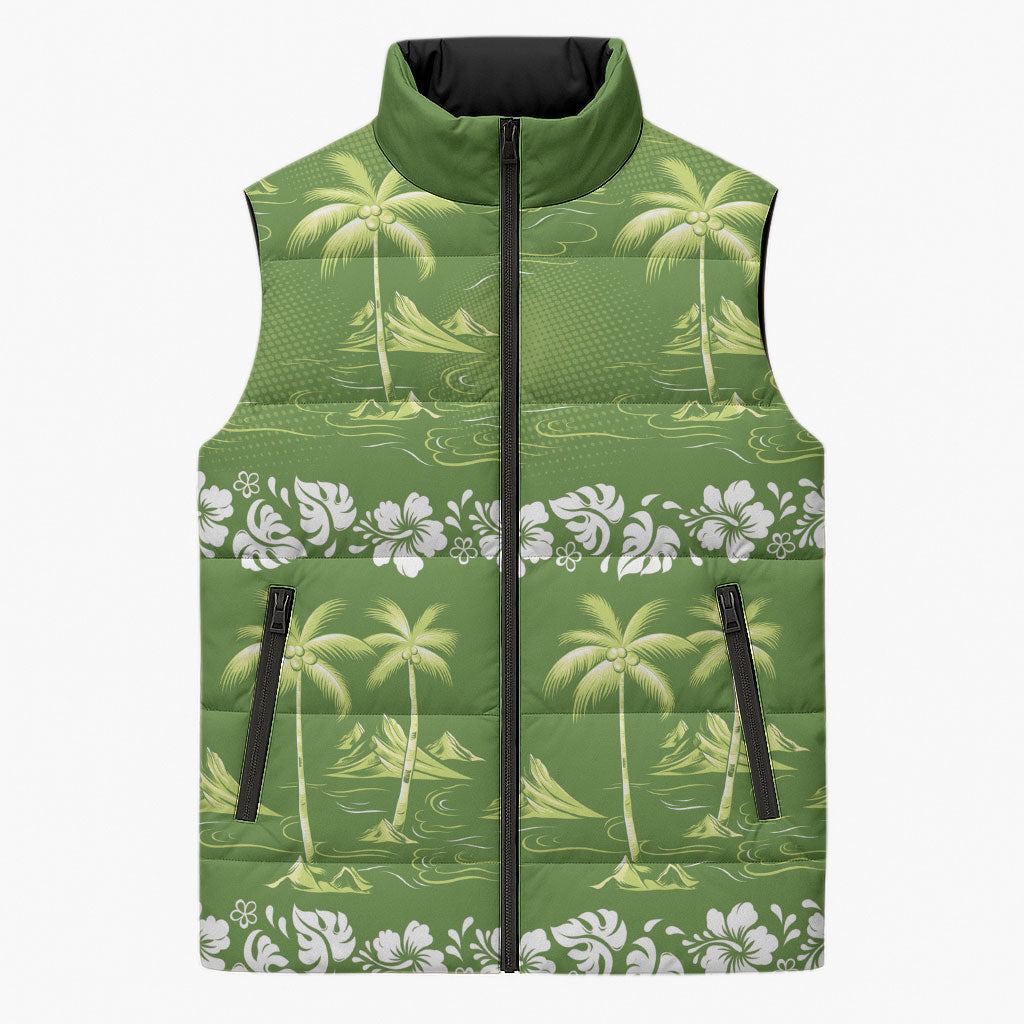 Olive Green Hawaii Palm Tree Hibiscus Sleeveless Puffer Jacket Fantasy Summer Vibe