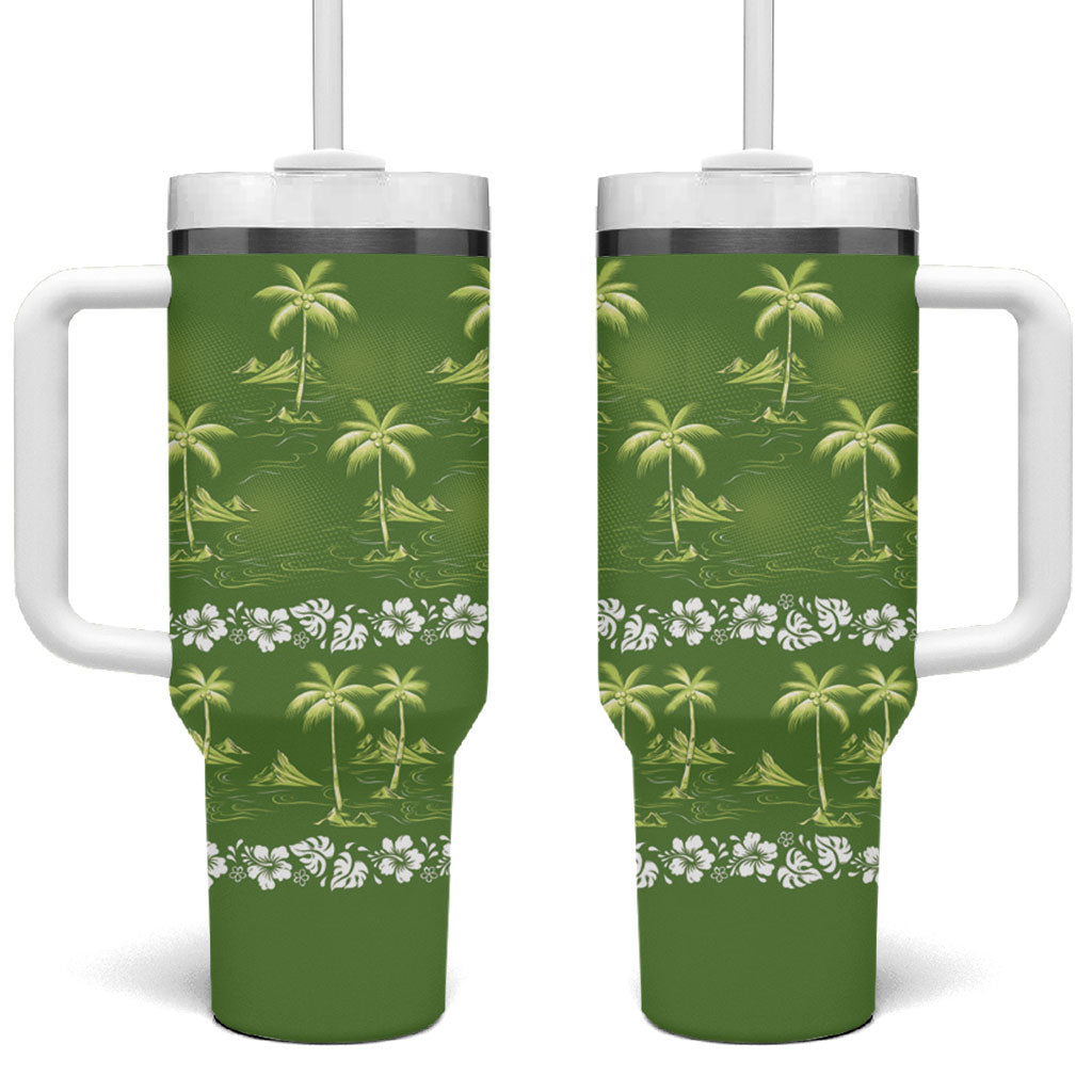 Olive Green Hawaii Palm Tree Hibiscus Tumbler With Handle Fantasy Summer Vibe LT01 One Size: 40 oz Olive - Polynesian Pride