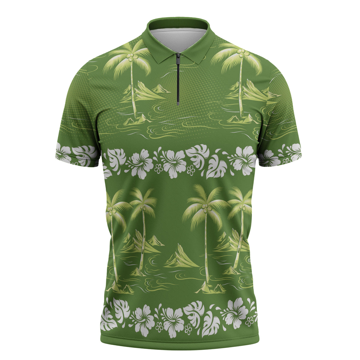 Olive Green Hawaii Palm Tree Hibiscus Zipper Polo Shirt Fantasy Summer Vibe LT01 Olive - Polynesian Pride