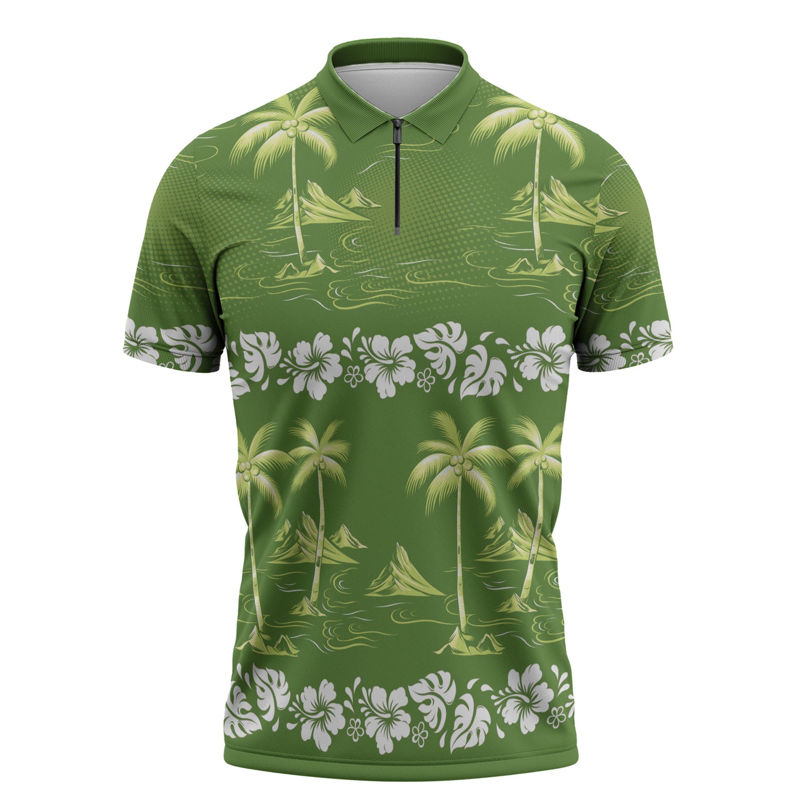 Olive Green Hawaii Palm Tree Hibiscus Zipper Polo Shirt Fantasy Summer Vibe LT01 Olive - Polynesian Pride