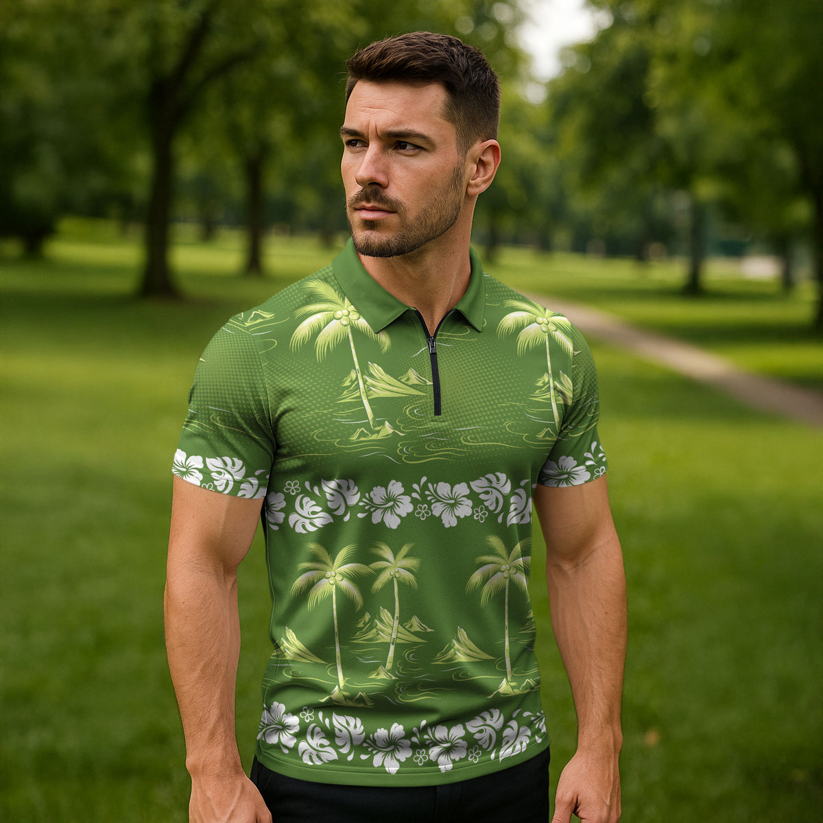 Olive Green Hawaii Palm Tree Hibiscus Zipper Polo Shirt Fantasy Summer Vibe LT01 - Polynesian Pride