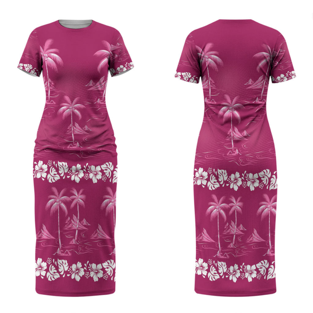 Pink Hawaii Palm Tree Hibiscus Couples Matching Short Sleeve Bodycon Dress and Long Sleeve Button Shirt Fantasy Summer Vibe LT01 - Polynesian Pride