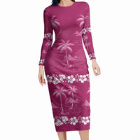 Pink Hawaii Palm Tree Hibiscus Long Sleeve Bodycon Dress Fantasy Summer Vibe LT01 Long Dress Pink - Polynesian Pride