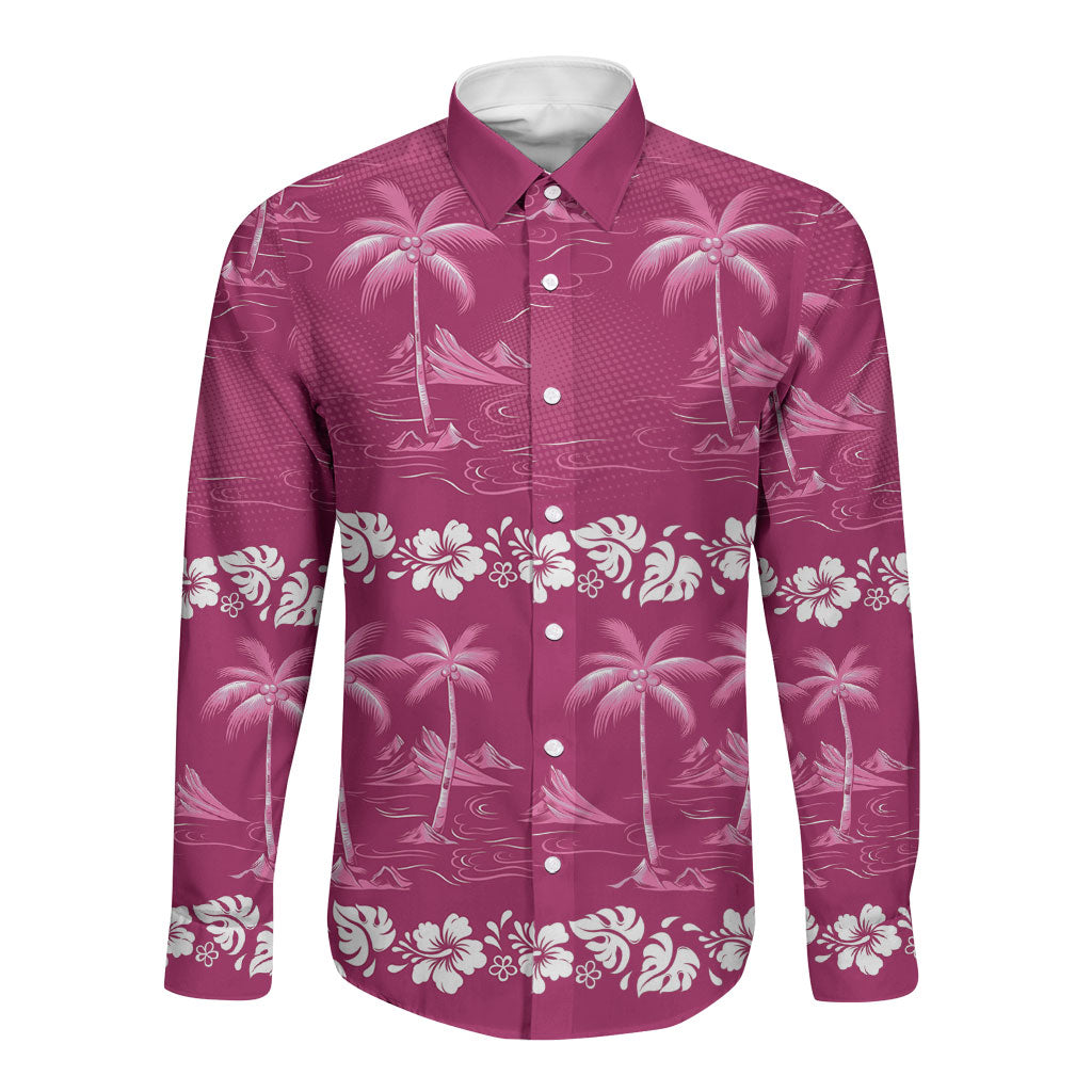 Pink Hawaii Palm Tree Hibiscus Long Sleeve Button Shirt Fantasy Summer Vibe LT01 Unisex Pink - Polynesian Pride