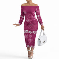 Pink Hawaii Palm Tree Hibiscus Off The Shoulder Long Sleeve Dress Fantasy Summer Vibe LT01 Women Pink - Polynesian Pride
