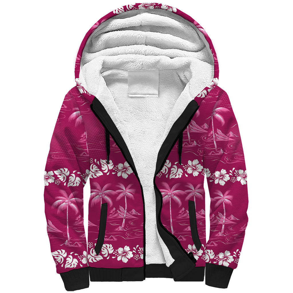 Pink Hawaii Palm Tree Hibiscus Sherpa Hoodie Fantasy Summer Vibe LT01 Unisex Pink - Polynesian Pride