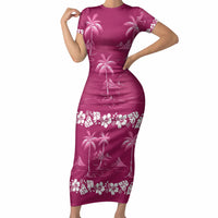 Pink Hawaii Palm Tree Hibiscus Short Sleeve Bodycon Dress Fantasy Summer Vibe LT01 Long Dress Pink - Polynesian Pride