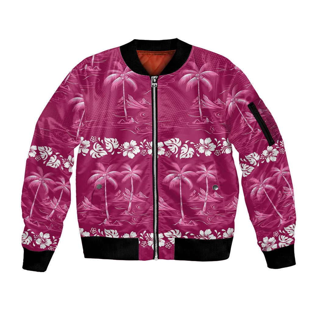 Pink Hawaii Palm Tree Hibiscus Sleeve Zip Bomber Jacket Fantasy Summer Vibe LT01 Unisex Pink - Polynesian Pride