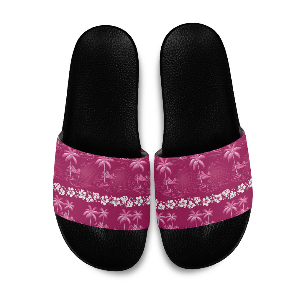 Pink Hawaii Palm Tree Hibiscus Slide Sandals Fantasy Summer Vibe